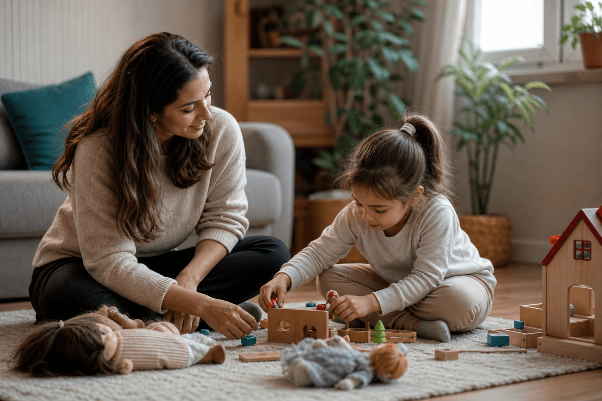 Anne ve çocuğun evde birlikte oyun oynadığı sıcak ve güvenli an
