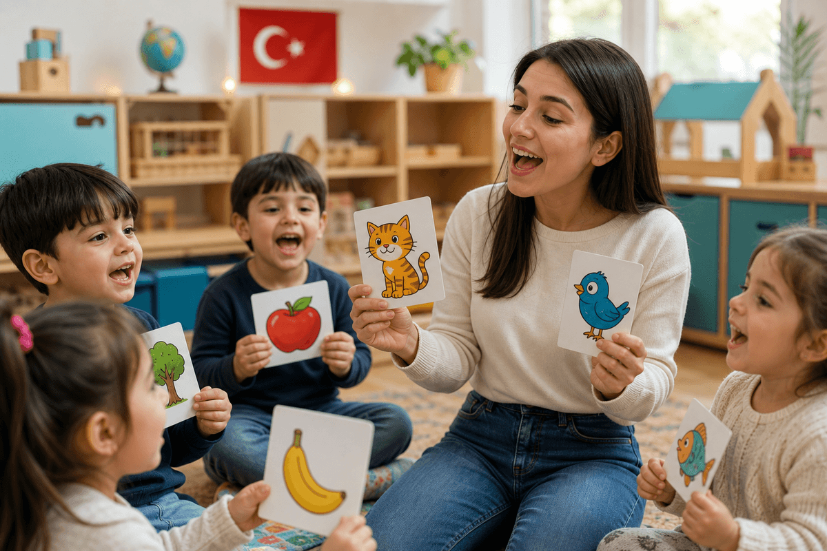 Okul öncesi sınıfta kelime kartları ve şarkılarla İngilizce öğrenen çocuklar